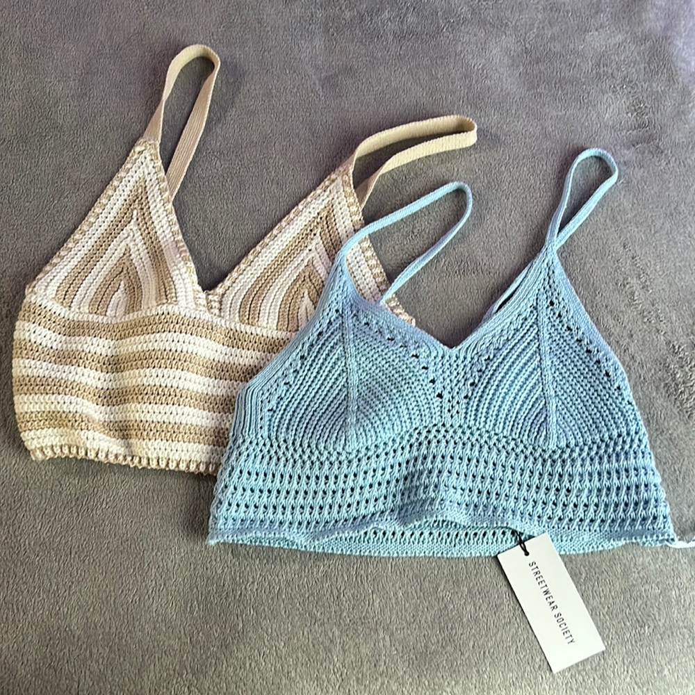 Crocheted Crop Tops | Brown and White Strips | Solid Baby Blue